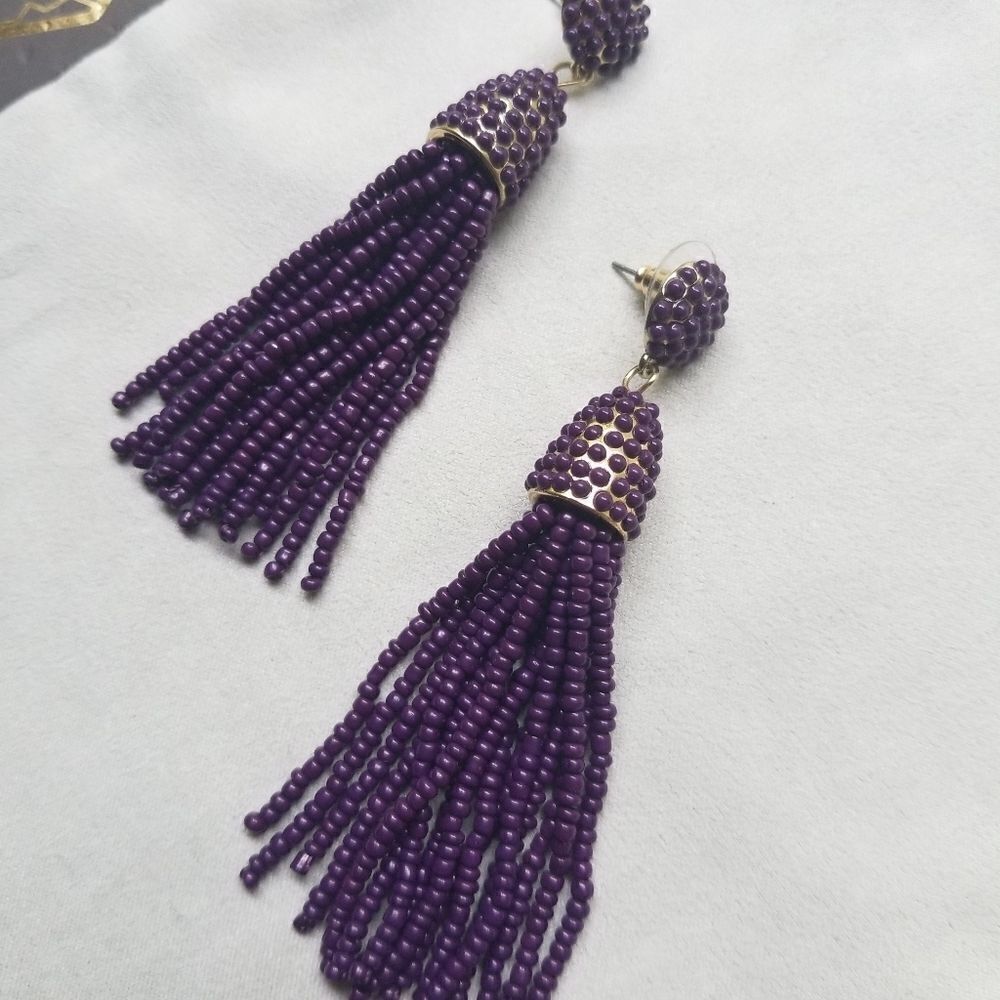Plum Purple Beaded Tassel Statement Post Earrings in Goldtone like Baublebar